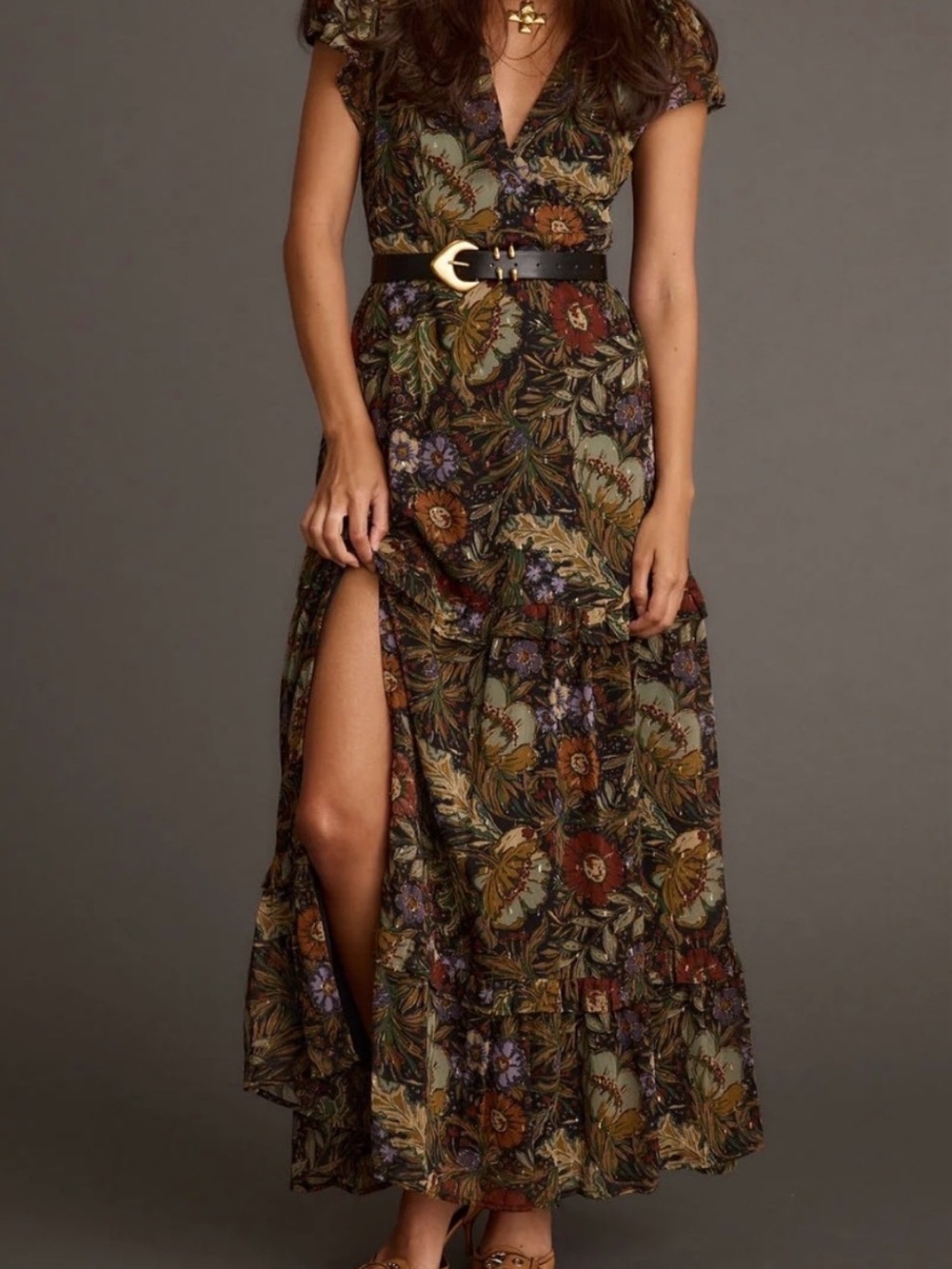 12th Tribe Olive Green Floral Tiered Maxi Dress with Rust & Purple Accents